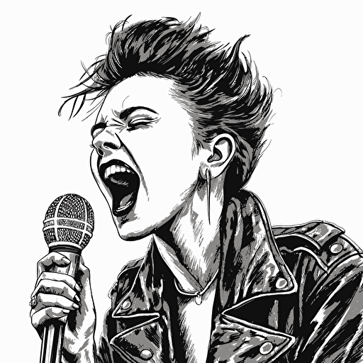 black and white felt pen ink vector illustration of a psychobilly vixen singing her heart out, leather jacket, spiked hair, beautiful, epic, on white tinfoil