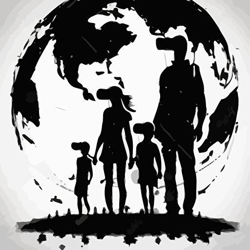 silhouette of a family over looking a new world with VR headsets on, white background, vectorized