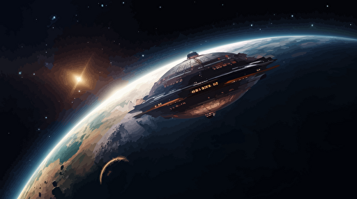 a space ship from earth heading towards a jungle planet in a foreign solar system, viewed from space, vector illustration