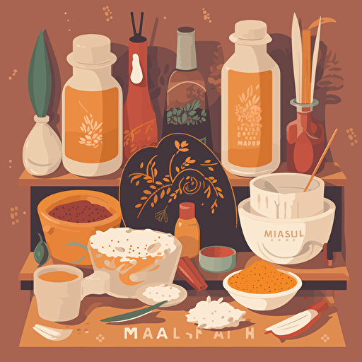 Flat Vector Illustration of ingredients used to make Indian Masala Tea. Mood is a Parisian Table setting, Style of Malika Favre. Use only 3 Colours. Strong Light and Shadow. Style of Maite Franchi