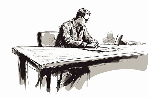 A vector illustration of a person writing or drawing at a conference room table. White background.