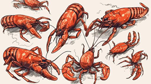 a asset collection of detailed hand drawn crawfish, on a white background, bright orange, burnt red, browns, and thick black line, vector style,