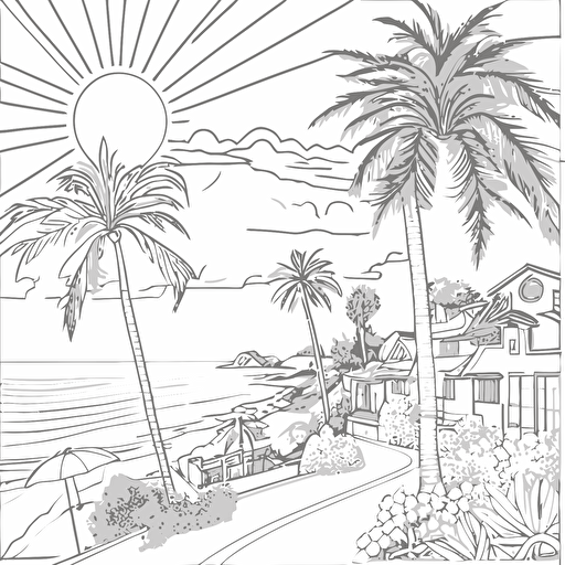Children coloring pages, June, 80°F, West Coast, suburban, sunny, with towering palm trees swaying in the hot breeze and the ocean sparkling in the distance. Houses with tile roofs and gardens line the peaceful streets., ar 1:1, vector, black and white, outline only, white background, illustration