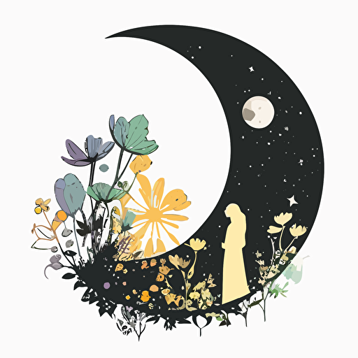 vector art of half moon and a fairy sitting with flower in the half moon simple flat