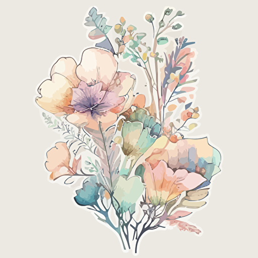 water color style flowers, Sticker, Lovely, Pastel, Disney, Contour, Vector, White Background, Detailed