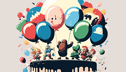 super smash bros around a birthday cake, with balloons, vector art, flat background
