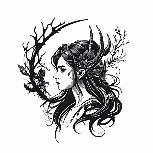 elven girl with horns doodle vector ilustration black and white