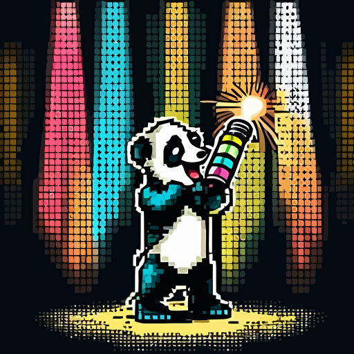The panda is in the spring sunshine, wearing headphones, wearing hip-hop style clothes, singing with a microphone, the stage lights are flickering, the atmosphere is joyful, there are many panda audiences, bright light, bright tones, rich layers, soft light, Soft light, cartoon style, bright colors, pixel art, vector