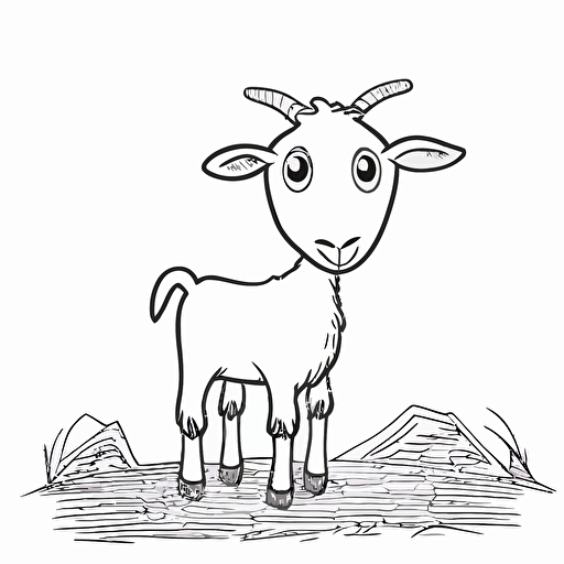 cute goat in farm, big cute eyes, pixar style, simple outline and shapes, coloring page black and white comic book flat vector, white background