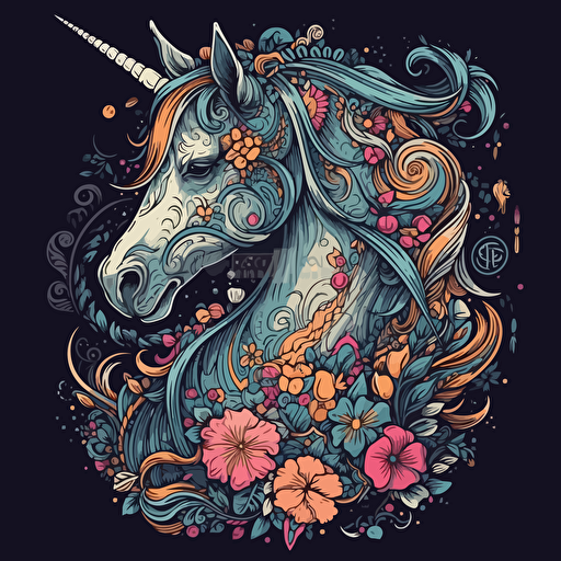a unicorn in a fantasy theme setting, gothic chibbi unicorn, art style of studio ghibli, detail! Detail! Detail!, new school design cartoon. Vector, 100% black background, ar 2:3