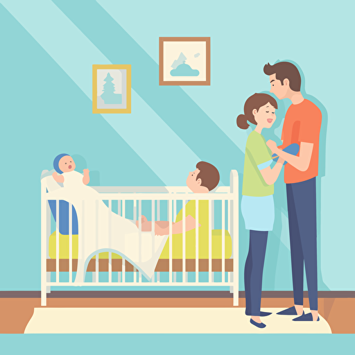 parents leaning over a crib to look at a baby. In a baby room. Vector illustration.