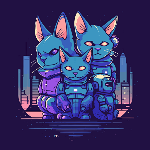 logo design, flat 2d vector logo of a group of futuristic anthromoporphic cyberpunk cats wearing sci-fi suits in the front and spaceships and buildings behind, muted purple and blue colors, 80s, star-wars-inspired, retro