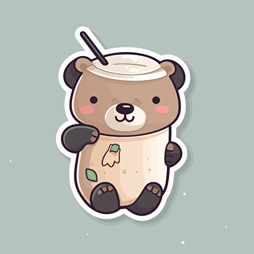 Cute bear Die-cut sticker with a milk tea in hand, color background, illustration minimalism, vector, pastel colors
