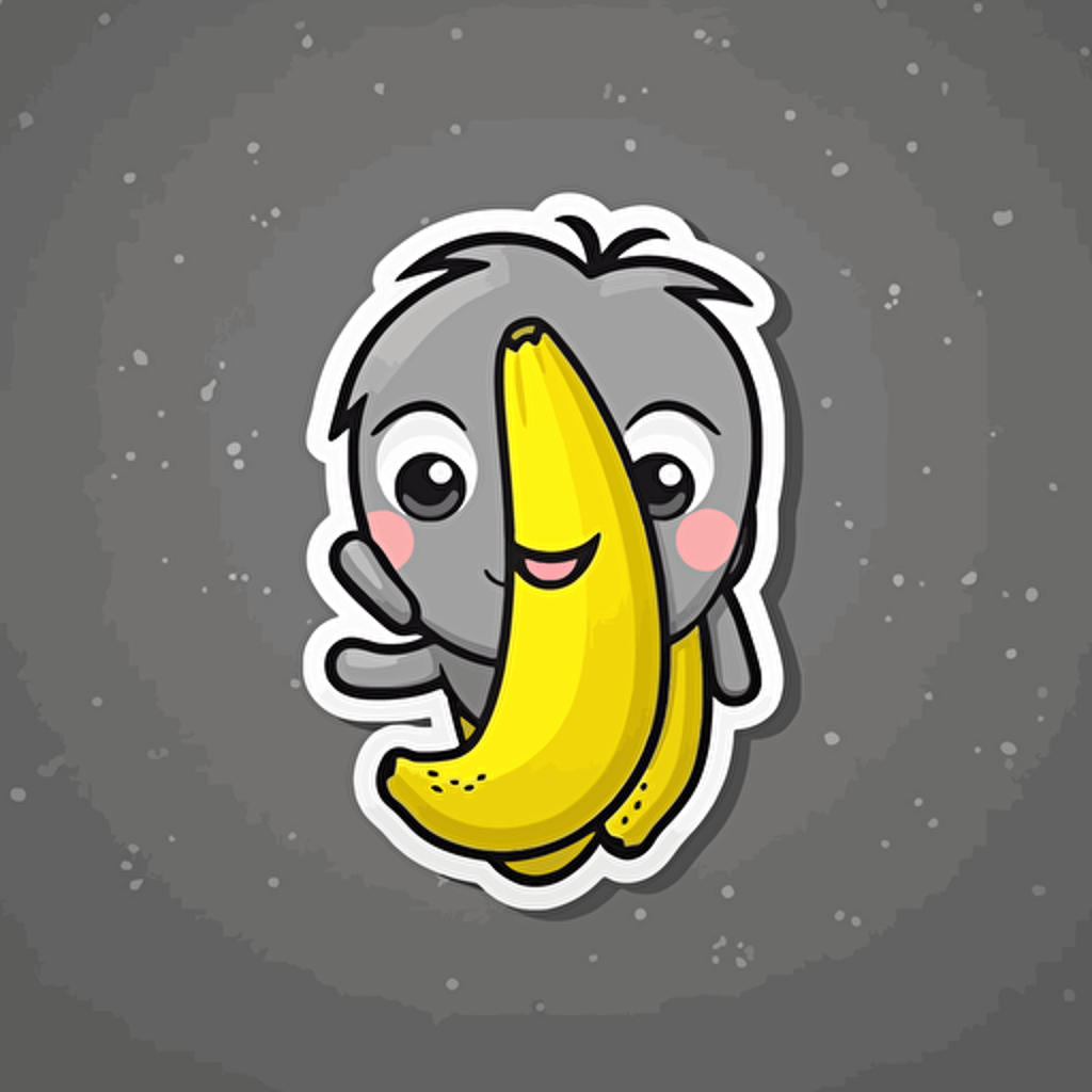 sticker, cute and happy banana, kawaii, contour, vector, white border, gray background