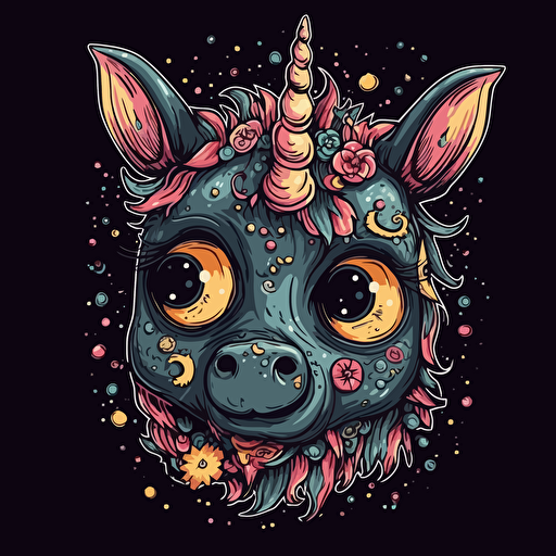 a unicorn, Gothic chibbi unicorn, art style of studio ghibli, detail! Detail! Detail!, new school design cartoon. Vector, 100% black background, ar2:3