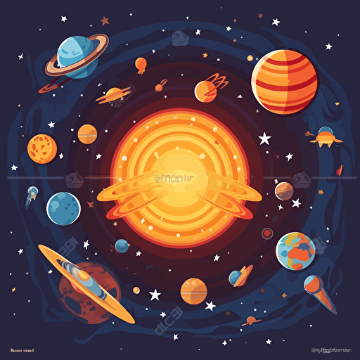 a foriegn and unexplored galaxy with unique planets rotating around a sun, viewed from outerspace with a cute space shuttle coming into orbit, vector illustration