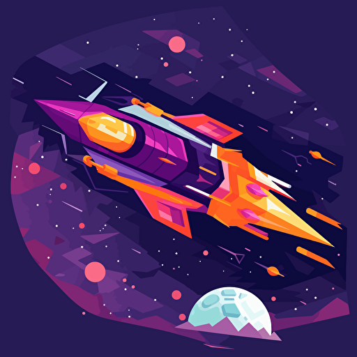 spaceship flying in air, 2D, vector, flat art, fedex purple and orange