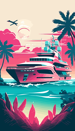 luxury motor yacht on see, off center placement, waves, islands, pink and light blue hues, flat abstract minimalistic vector style, vibrant neon colors, pink, light blue