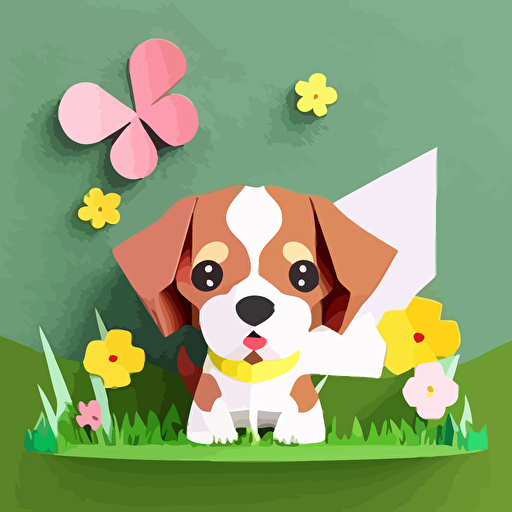 A cute puppy dog minimalistic vector art with a white and brown coat, floppy ears, and big round eyes, sitting on a patch of green grass, surrounded by yellow and pink flowers, a butterfly hovering in the air, conveying innocence and playfulness, Papercraft, cut and folded paper art,