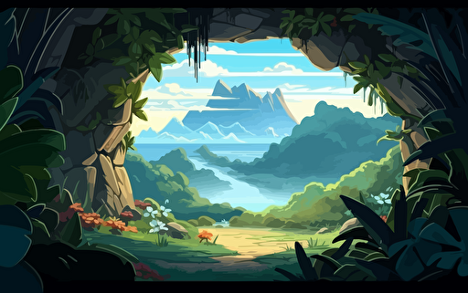 Looking out from the inside of a tropical cave, filled partially with vines and flowers, looking out into a vast landscape of lush jungle trees covered in vines and leaves with mountain peaks in background with the sun shining through the clouds high quality cartoon style warm lighting early morning vibe vibrant early spring dramatic lighting vector illustration