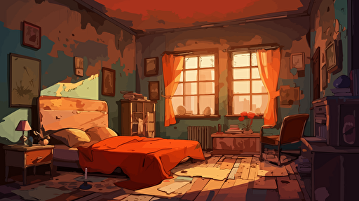 old decrepit orange old bedroom illustration, vector, 2d animation