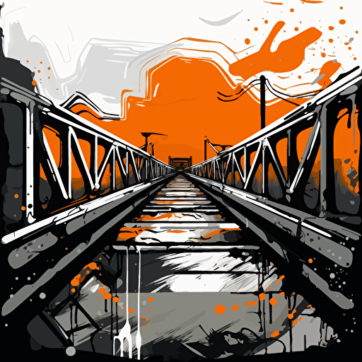 a vector image of a bridge leading to a prison, black and orange and dark gray, graffiti style