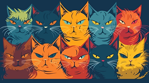 vector art style, various colorful cats with different expressions, in the style of Michael Parks,