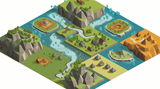 Isometric clean SVG vector art:: map with river crulling in the middle, combination of catan and age of empires, ready to print