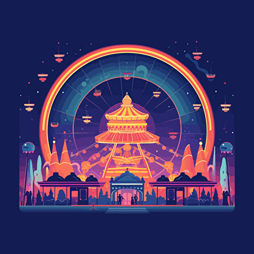 simple vector illustration of a fairground at night, large circle in the center