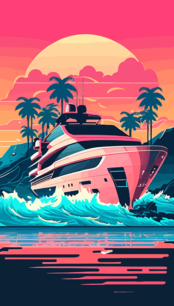 luxury motor yacht on see, waves, islands, flat abstract minimalistic vector style, vibrant neon colors, pink, light blue