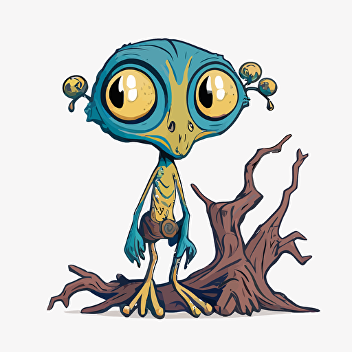 cartoon vector style, big eyed, cute, The Novians are humanoid beings with blue skin and glowing yellow eyes. They have long, slender fingers and toes, which are perfect for climbing the tall trees that cover their planet. They have a deep connection with nature and are known for their unique ability to communicate with the animals and plants on their planet