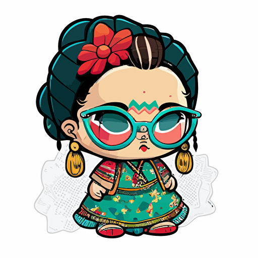 a very cute baby frida Khalo wearing very big sunglasses dressed up with Folkloric Mexican clothing , as a cartoon type, as a vector, white background, bright graffiti colors
