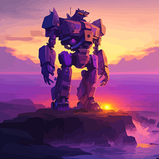 a giant robot statue on an exotic coast line. Colorful sunset of purples and yellows
