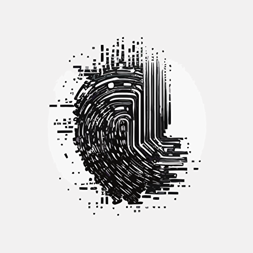 a futuristic pixel iconic logo of a fingerprint made of circuitry, black vector on white background.