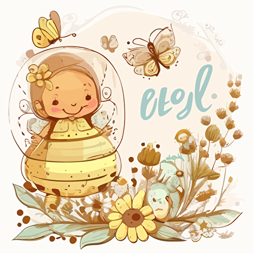 Illustration featuring a happy, baby girl is a humanized bee. Depict the family, including the newborn baby, her 3-year-old brother, mother and father, all joyfully celebrating the baby's arrival. honey, beehive, flowers. Warmth love charming, whimsical setting. Drawing, colorfull, sketch, vector.