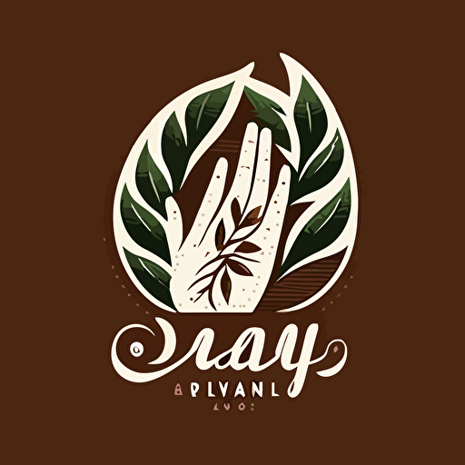 produce a lubalin-style minimalistic vector logo for organic nails shop featuring leaves and a beautiful hand with white intricate polish, in green and brown shades, abstract and simplicity