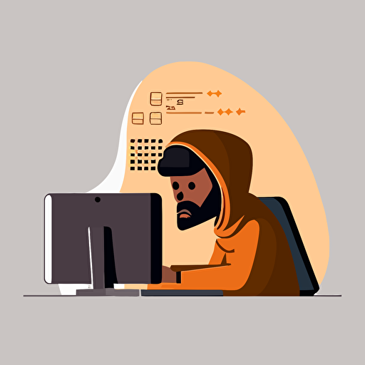 A middleeastern guy sitting infront of pc coding, behind perspective, cartoon, vector, 2d