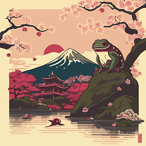 Influenced by the Japonisme art style, create a vector illustration of KEK (in his frog form resembling Pepe the Frog) interacting with Japanese mythical creatures in a serene landscape filled with cherry blossoms. Set the scene in a picturesque Japanese garden, with KEK gazing in wonder at his surroundings