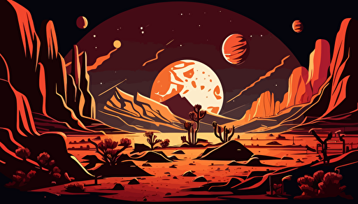 mars planet landscape,wide angle,night time,comic,anime style,vector,