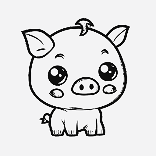 cute pork in farm, big cute eyes, pixar style, simple outline and shapes, coloring page black and white comic book flat vector, white background