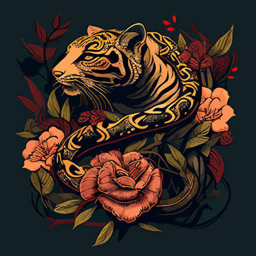 a tiger with a snake digital art with a hibisucous vectorial style