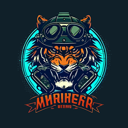 a minimal vector logo motorcycle club emblem, tiger with motorcycle glasses, two piston head, handlebars,colorful