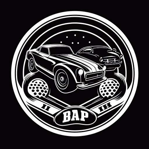 a band logo with drag racing cars, white on black, clean sinple vector, circle sticker design