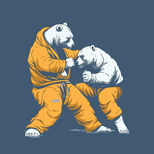 Bear taking down another bear with single leg takedown holding one leg in between its own, wearing jiu jitsu clothes, vector animation illustration, 4 colors limit, solid background, high resolution
