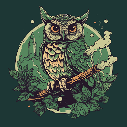 vector Owl smoking a joint with in the clouds with marijuana leafs S900