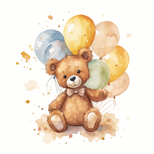 cute teddy bear wearing a golden bow holding many balloons in shades of brown, watercolor, vector