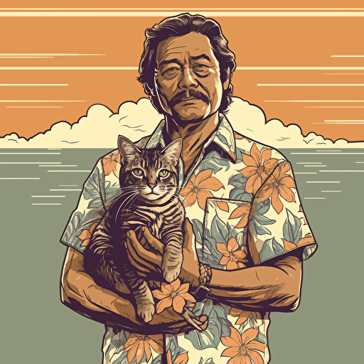 vector art style 48 year old hawaiian man, holding a cat, in the style of Micheal Parks
