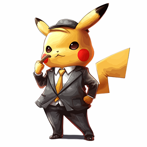 pikachu in a business suit, smoking a big cigar, vector art, 2d, white background