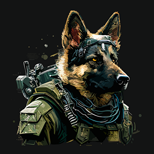 german shepherd with battle gear on, vector, hyper detail