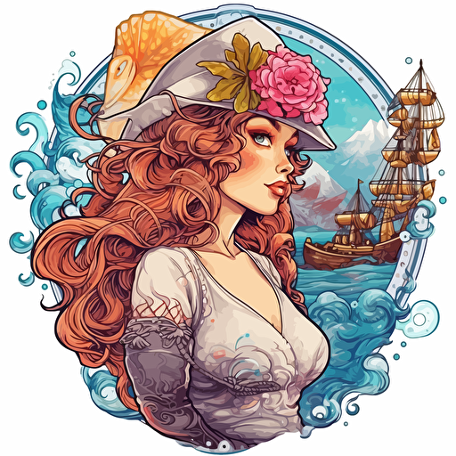 mermaid with ship captain digital art, vector, hyper-detailed, white background, sticker,
